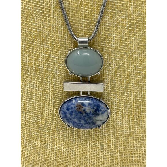 C 1946 Silver Tone with Green and Blue Stone Necklace - Picture 8 of 10
